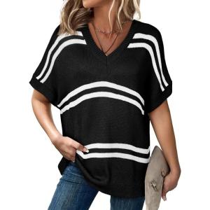 imageSHEWIN Oversized Sweaters for Women Causal V Neck T Shirts Loose Short Sleeve Sweater Spring TopsBlack