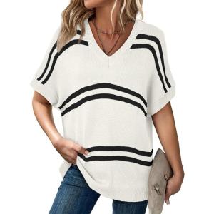 imageSHEWIN Oversized Sweaters for Women Causal V Neck T Shirts Loose Short Sleeve Sweater Spring TopsBlack Stripe
