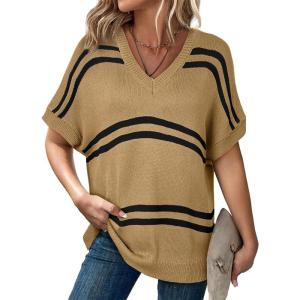 imageSHEWIN Oversized Sweaters for Women Causal V Neck T Shirts Loose Short Sleeve Sweater Spring TopsBrown