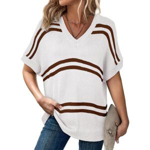 imageSHEWIN Oversized Sweaters for Women Causal V Neck T Shirts Loose Short Sleeve Sweater Spring TopsBrown Stripe