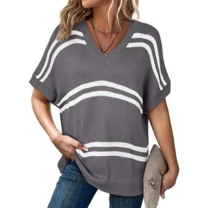 imageSHEWIN Oversized Sweaters for Women Causal V Neck T Shirts Loose Short Sleeve Sweater Spring TopsMedium Grey
