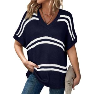 imageSHEWIN Oversized Sweaters for Women Causal V Neck T Shirts Loose Short Sleeve Sweater Spring TopsNavy Blue