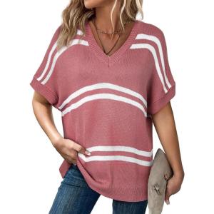 imageSHEWIN Oversized Sweaters for Women Causal V Neck T Shirts Loose Short Sleeve Sweater Spring TopsRose Tan