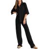 imageSHEWIN Womens 2 Piece Outfits Waffle Knit Lounge Sets Casual Short Sleeve Button Down Sleepwear Pajamas SetBlack