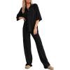 imageSHEWIN Womens 2 Piece Outfits Waffle Knit Lounge Sets Casual Short Sleeve Button Down Sleepwear Pajamas SetBlack