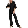 imageSHEWIN Womens 2 Piece Outfits Waffle Knit Lounge Sets Casual Short Sleeve Button Down Sleepwear Pajamas SetBlack