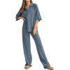 imageSHEWIN Womens 2 Piece Outfits Waffle Knit Lounge Sets Casual Short Sleeve Button Down Sleepwear Pajamas SetBlue