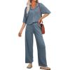 imageSHEWIN Womens 2 Piece Outfits Waffle Knit Lounge Sets Casual Short Sleeve Button Down Sleepwear Pajamas SetBlue