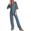 imageSHEWIN Womens 2 Piece Outfits Waffle Knit Lounge Sets Casual Short Sleeve Button Down Sleepwear Pajamas SetBlue