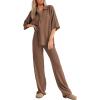imageSHEWIN Womens 2 Piece Outfits Waffle Knit Lounge Sets Casual Short Sleeve Button Down Sleepwear Pajamas SetCoffee