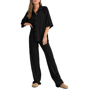 imageSHEWIN Womens 2 Piece Outfits Waffle Knit Lounge Sets Casual Short Sleeve Button Down Sleepwear Pajamas SetBlack