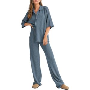 imageSHEWIN Womens 2 Piece Outfits Waffle Knit Lounge Sets Casual Short Sleeve Button Down Sleepwear Pajamas SetBlue
