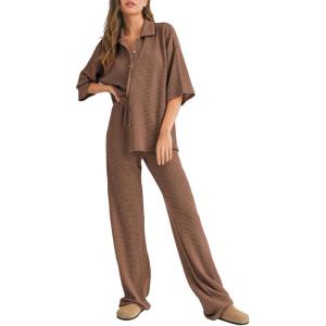 imageSHEWIN Womens 2 Piece Outfits Waffle Knit Lounge Sets Casual Short Sleeve Button Down Sleepwear Pajamas SetCoffee