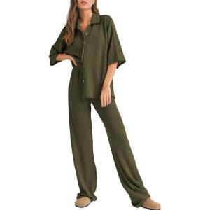 imageSHEWIN Womens 2 Piece Outfits Waffle Knit Lounge Sets Casual Short Sleeve Button Down Sleepwear Pajamas SetGreen
