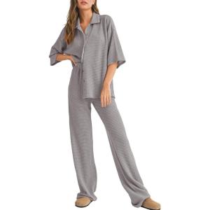 imageSHEWIN Womens 2 Piece Outfits Waffle Knit Lounge Sets Casual Short Sleeve Button Down Sleepwear Pajamas SetGrey