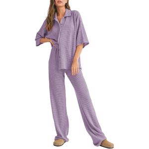 imageSHEWIN Womens 2 Piece Outfits Waffle Knit Lounge Sets Casual Short Sleeve Button Down Sleepwear Pajamas SetPurple