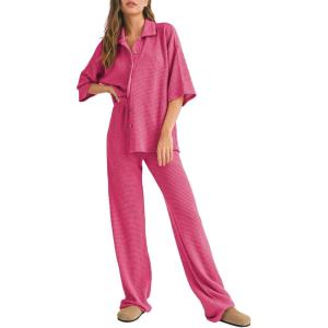 imageSHEWIN Womens 2 Piece Outfits Waffle Knit Lounge Sets Casual Short Sleeve Button Down Sleepwear Pajamas SetRose Red