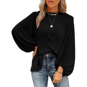 imageSHEWIN Womens Blouses Dressy Casual Smocked Tops Crew Neck Chiffon Long Sleeve Shirts Spring Outfits 2025Black
