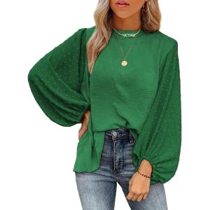 imageSHEWIN Womens Blouses Dressy Casual Smocked Tops Crew Neck Chiffon Long Sleeve Shirts Spring Outfits 2025Dark Green