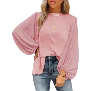 imageSHEWIN Womens Blouses Dressy Casual Smocked Tops Crew Neck Chiffon Long Sleeve Shirts Spring Outfits 2025Fushia