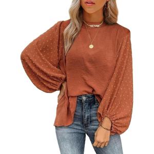 imageSHEWIN Womens Blouses Dressy Casual Smocked Tops Crew Neck Chiffon Long Sleeve Shirts Spring Outfits 2025Gold Flame