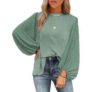 imageSHEWIN Womens Blouses Dressy Casual Smocked Tops Crew Neck Chiffon Long Sleeve Shirts Spring Outfits 2025Smoke Green
