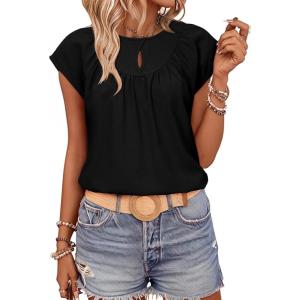imageSHEWIN Womens Casual Crewneck Bat Sleeve Chiffon Blouses Eyelet Slit Summer Tops ShirtsBlack