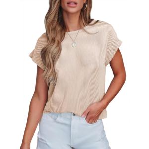 imageSHEWIN Womens Shirts Casual Crewneck Cap Sleeve T Shirt Cute Summer Tops Loose Knitted BlousesBeige