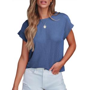 imageSHEWIN Womens Shirts Casual Crewneck Cap Sleeve T Shirt Cute Summer Tops Loose Knitted BlousesDark Blue