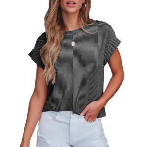 imageSHEWIN Womens Shirts Casual Crewneck Cap Sleeve T Shirt Cute Summer Tops Loose Knitted BlousesDark Grey