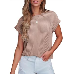 imageSHEWIN Womens Shirts Casual Crewneck Cap Sleeve T Shirt Cute Summer Tops Loose Knitted BlousesDark Khaki