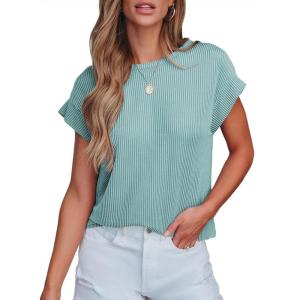 imageSHEWIN Womens Shirts Casual Crewneck Cap Sleeve T Shirt Cute Summer Tops Loose Knitted BlousesGreen