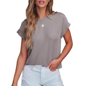 imageSHEWIN Womens Shirts Casual Crewneck Cap Sleeve T Shirt Cute Summer Tops Loose Knitted BlousesGrey
