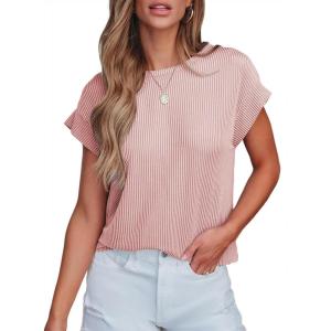 imageSHEWIN Womens Shirts Casual Crewneck Cap Sleeve T Shirt Cute Summer Tops Loose Knitted BlousesPink