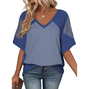 imageSHEWIN Womens Shirts Waffle Knit Tops Short Sleeve V Neck T Shirts Spring Tops for WomenAshleigh Blue