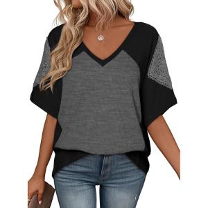 imageSHEWIN Womens Shirts Waffle Knit Tops Short Sleeve V Neck T Shirts Spring Tops for WomenBlack
