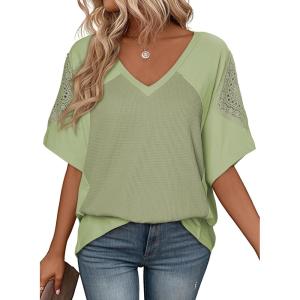 imageSHEWIN Womens Shirts Waffle Knit Tops Short Sleeve V Neck T Shirts Spring Tops for WomenMeadow Mist Green