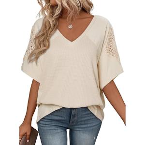 imageSHEWIN Womens Shirts Waffle Knit Tops Short Sleeve V Neck T Shirts Spring Tops for WomenParchment