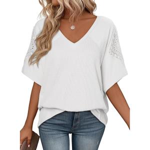 imageSHEWIN Womens Shirts Waffle Knit Tops Short Sleeve V Neck T Shirts Spring Tops for WomenWhite