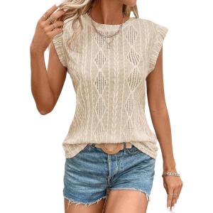 imageSHEWIN Womens Summer Tops Casual Crewneck Cap Sleeve Shirts Lightweight Crochet Knit Texture Tank Top BlousesApricot