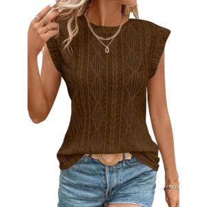 imageSHEWIN Womens Summer Tops Casual Crewneck Cap Sleeve Shirts Lightweight Crochet Knit Texture Tank Top BlousesCoffee