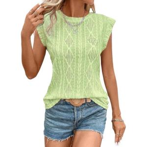 imageSHEWIN Womens Summer Tops Casual Crewneck Cap Sleeve Shirts Lightweight Crochet Knit Texture Tank Top BlousesMint Green