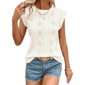 imageSHEWIN Womens Summer Tops Casual Crewneck Cap Sleeve Shirts Lightweight Crochet Knit Texture Tank Top BlousesWhite
