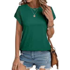 imageSHEWIN Womens Summer Tops Crewneck Short Sleeve T Shirts Casual Patchwork Hollow Out Loose Tank TopGreen
