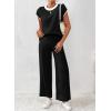 imageSHEWIN Womens 2 Piece Lounge Sets Casual Cap Sleeve Knit Sweater Top and Linen Pants Set Summer Outfits ClothesBlack
