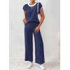 imageSHEWIN Womens 2 Piece Lounge Sets Casual Cap Sleeve Knit Sweater Top and Linen Pants Set Summer Outfits ClothesNavy Blue