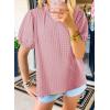 imageSHEWIN Womens Tops Casual Puff Short Sleeve Shirts Ruffle V Neck Loose BlousesFushia