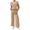 imageSHEWIN Womens 2 Piece Lounge Sets Casual Cap Sleeve Knit Sweater Top and Linen Pants Set Summer Outfits ClothesBeige