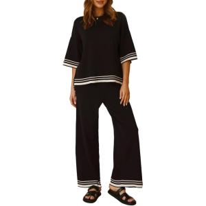 imageSHEWIN Lounge Sets for Women Casual 2 Piece Sweater Sets Loose Knit Womens Pajama SetsBlack