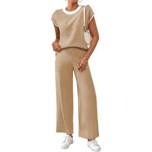 imageSHEWIN Womens 2 Piece Lounge Sets Casual Cap Sleeve Knit Sweater Top and Linen Pants Set Summer Outfits ClothesBeige